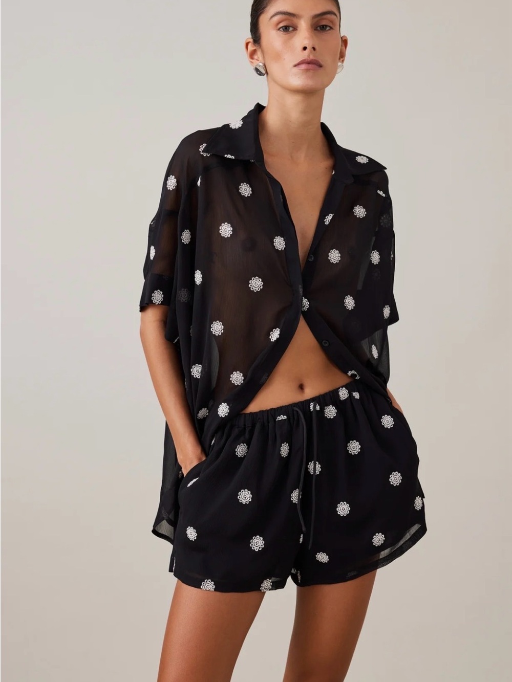 Women’s Black Floral Embroidered Lounge Shorts - Picture 3 of 7
